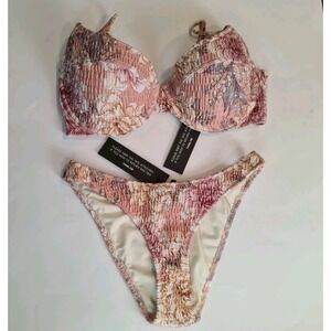 Triangl Pink Floral Smocked Two Piece Bikini Set Swimwear S++ (C) Top S Bottom